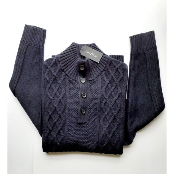 Nautica 4CN Class Navy Cable Knit Ribbed High Neck 4 Button Unisex Sweater S NWT - Picture 1 of 11